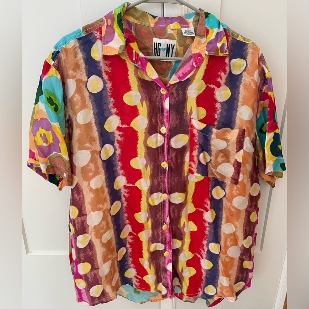 Vintage 100% silk blouse polka dots floral colorful medium shirt HGNY rare